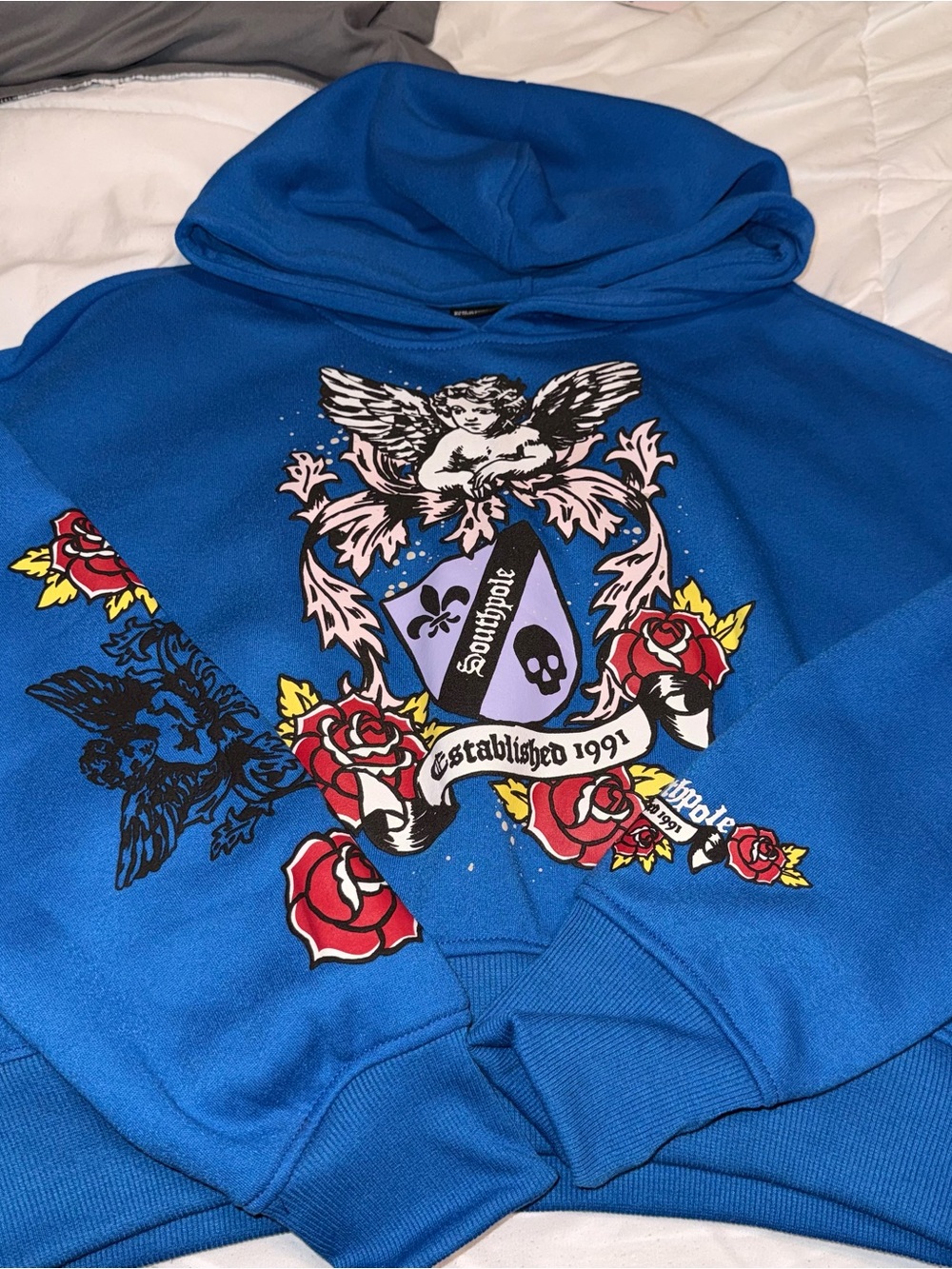 South Pole Royal Blue Pullover Hoodie with Crest and Rose Prints
